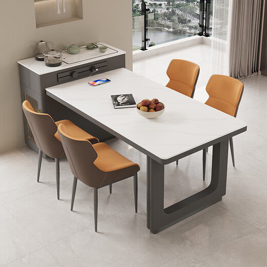 Lunzhuo Cream Style Slate Island Table Dining Table Tea Table Integrated Retractable Small Household Light Luxurious Modern Simple Dining Table Wear-resistant 12mm Slate Orbital Socket Straight Side Tea Stove 1.6 Meters 1 Table 6 Furry Chairs