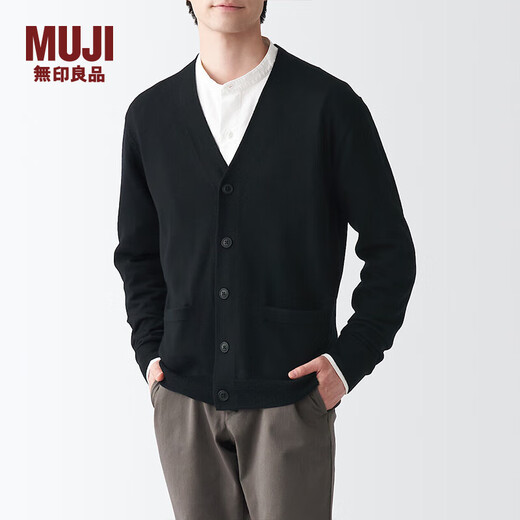 无印良品 MUJI 男式 美利奴羊毛可水洗V领开衫长袖针织衫男士毛衣冬季男款 黑色 L (175/100A)