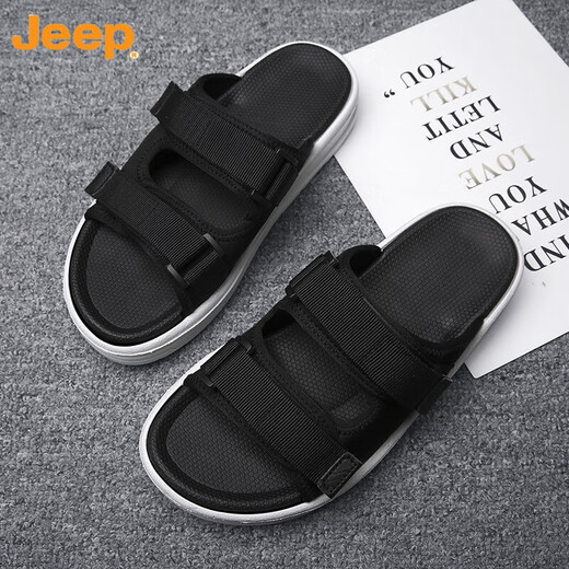 吉普（JEEP）拖鞋男2024新款魔术贴夏季外穿潮流一字拖男款防滑青少年沙滩凉鞋 黑色 42