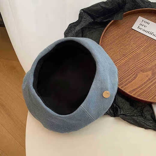 
Korean spring new beret sun protection sun protection denim solid color painter hat women Korean button summer hat button denim beret light blue single size