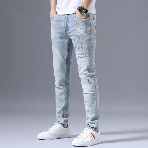 Jeans étirés haut de gamme d'automne Zhidoudou pour la marque de marque à la mode masculine à la mode à la mode mince des pieds minces couleurs légères bleu clair 3890 pantalon déchiré, taille moyenne 32 [suggéré 135-145jin [Jin est égal à 0,5 kg]]]