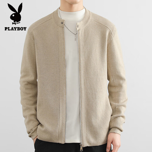 花花公子（PLAYBOY）针织开衫外套男士秋季纯色夹克轻熟风高端男款棒球领外穿毛线衣 灰色 M 110斤以内