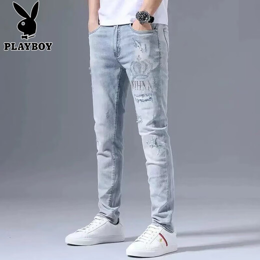 花花公子（PLAYBOY）欧洲站高端春秋季破洞牛仔裤男修身小脚潮牌韩版烫钻浅色薄款长裤 浅蓝色3890款 28