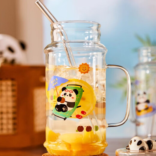 美杜高颜值玻璃杯吸管杯1050ml大容量夏季冷饮水杯咖啡杯果汁杯牛奶杯 熊猫吸管玻璃杯【1050ml】