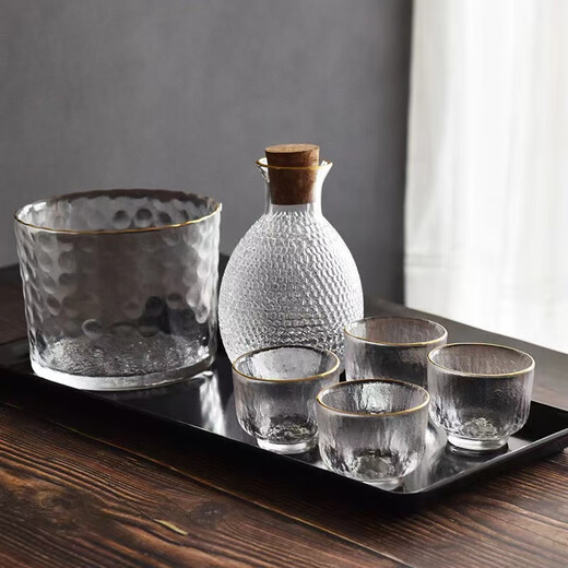 Meikejie Japanese-style glass sake jug transparent wine warmer small wine cup high-value household rice wine rice wine plum wine set frosted sake jug + four cups + cork