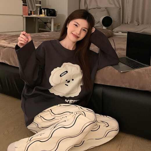 Yalu new pajamas for women in spring and autumn summer long-sleeved cute student dormitory pure and lustful home clothing set KT-16818-wavy dog ​​M [suggested 80-100Jin [Jin equals 0.5 kg]]