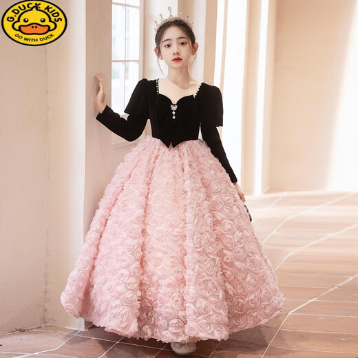 G.duck girls evening dress light luxury niche high-end host autumn and winter birthday princess dress children piano performance pink short plus velvet thickening 100 height 90-95cm age 3-4 years old