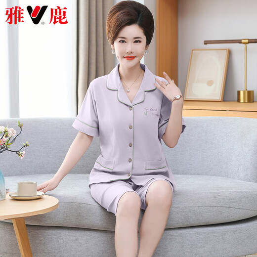 
Yalu high-end mother cardigan pajamas for women in summer pure cotton short-sleeved cropped pants large-size thin style middle-aged and elderly mothers' home clothes 9898 L [100-120Jin [Jin equals 0.5 kg]]