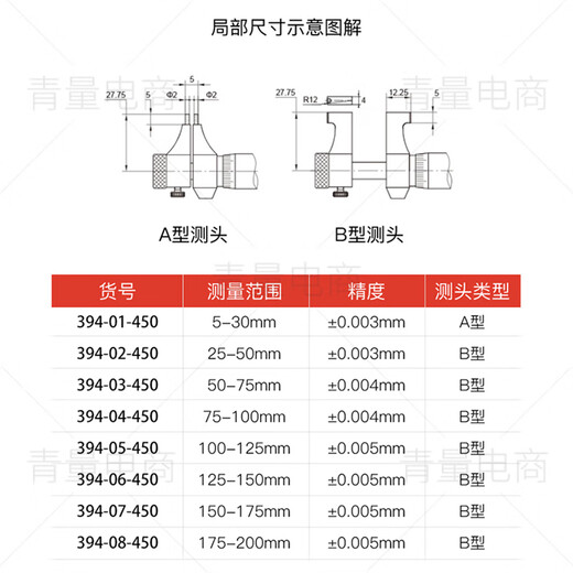 Northwest Qingliang electronic internal micrometer digital display internal diameter micrometer internal size internal aperture measurement 394-01-450/range 5-30mm with ring gauge