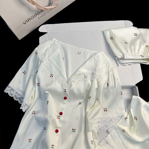 UKUHPKins小樱桃蕾丝边睡衣女夏季三件套短袖短裤长裤家居服薄 LW-9214【短袖短裤】 M 【建议80-100斤】