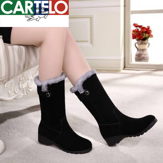 卡帝乐鳄鱼（CARTELO）加绒加厚雪地靴女冬季皮毛一体长筒靴平底防滑中筒靴保暖妈妈棉鞋 719黑色 39
