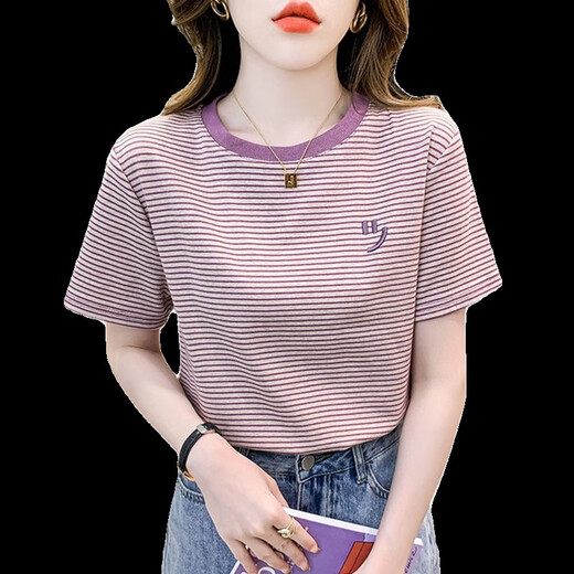 Camiseta de manga corta a rayas de Yilan para mujer de mujeres soltas de mujeres de mujer soldada para mujeres 2025 Summer Nueva camiseta versátil redonda de cuello rojo de manga 9928 S sugerido 80-95Jin [Jin equivale a 0.5 kg]