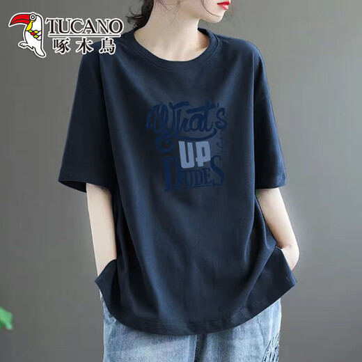 Woodpecker 2025 new summer large-size short-sleeved T-shirt for women, loose and slimming 100% pure cotton medium-length versatile printed top 983# sky blue [100% pure cotton] S [Suggested 80-100Jin [Jin equals 0.5 kg]]