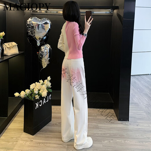 MAGIOPY国际奢侈高档品牌小众不撞款时尚套装女初秋拼色v领针织长袖上衣 上衣+粉白色裤子 S(100斤以内)