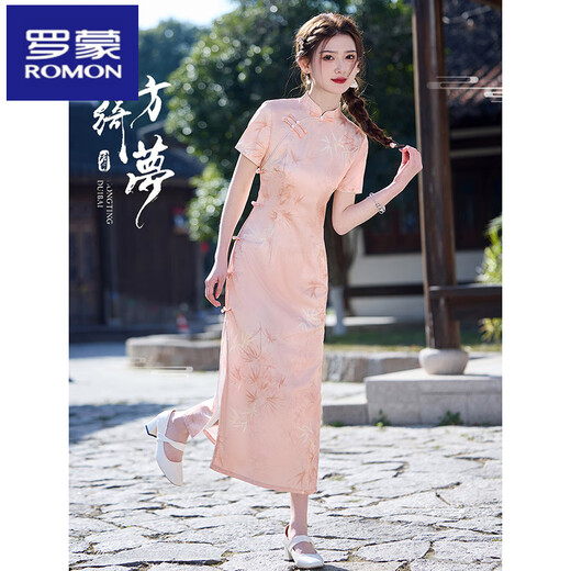 ROMON black cheongsam new style 2025 improved young style high-end temperament female sense summer slim new Chinese style long style XSG3294 pink dress length 120 cm 2XL