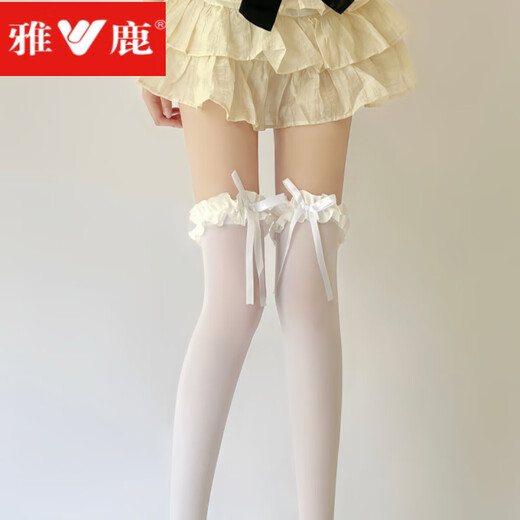 Yalu Lolita white over-the-knee socks, thin velvet high thigh socks, pure lust lace bow stockings, creamy yellow, 1 pair, one size fits all, good elasticity
