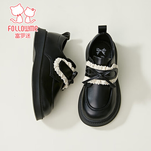 Fuluo Mi Girls' Leather Shoes Spring and Autumn Fashionable and Versatile Black Single Shoes for Middle-aged and Older Children Campus Performance Fashion Shoes Black 30
