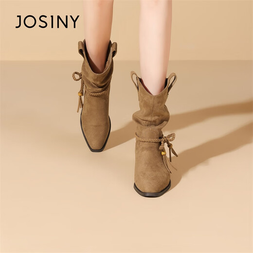 
Zhuoshini short boots for women 2025 autumn new retro beaded Maillard western cowboy boots pointed toe fold pile boots single boots Camel color - single 37