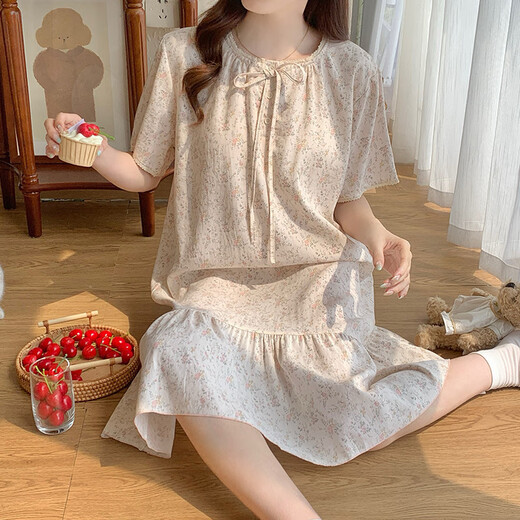 维多利亚的格调带胸垫睡衣女夏季2025新款宽松可爱韩版碎花睡裙中长款家居服大码 M16862【带胸垫】 2XL