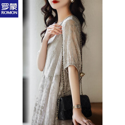 Romon gesticktes High-End-Kleid für Frauen 2025 Sommer Neue Mode Koreanische Version Slim Casual und Vielseitiges Temperament Spitzenspleißen grau m