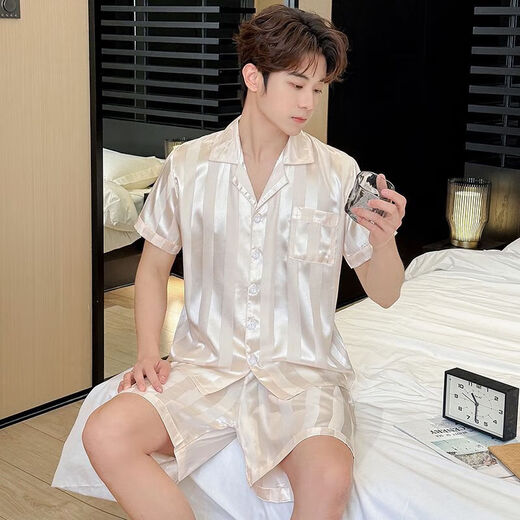 Pajama masculin à manches courtes en soie de glace d'été pour les adolescents et les étudiants masculins peut porter des vêtements à domicile SX-679 Modèle de champagne masculin 2xl [130-150jin [Jin est égal à 0,5 kg]]]