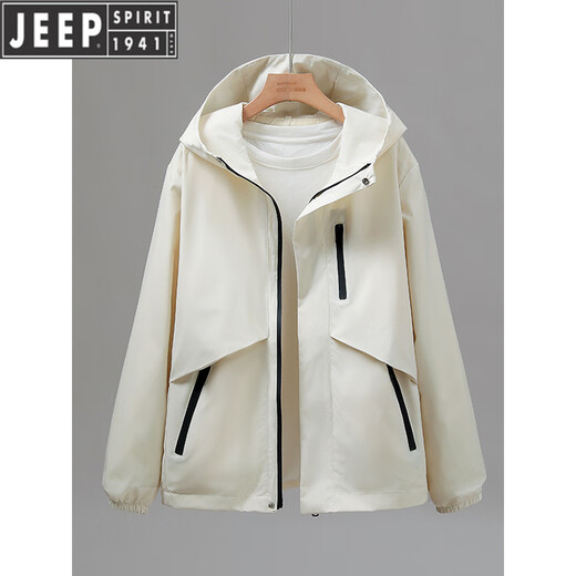 吉普（JEEP）新款春秋外套女短款2025宽松连帽情侣薄款冲锋衣百搭休闲外套上衣 米白色 3XL 建议150-165斤