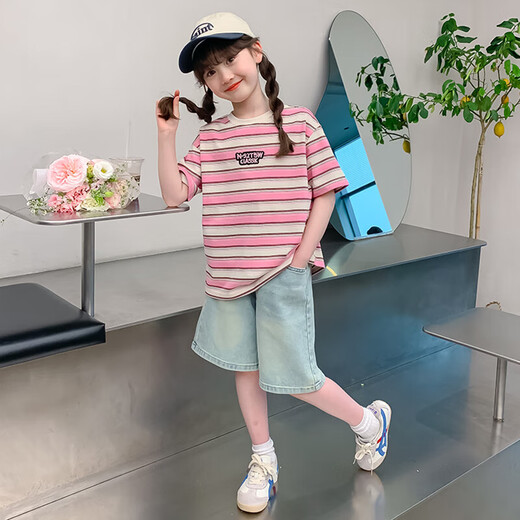 【央妈】女童夏装短袖T恤夏款2025新款女大童条纹半袖儿童夏 X12130粉色 120 cm