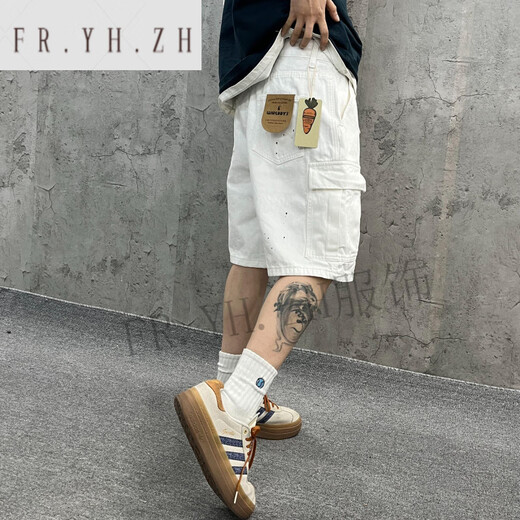 FR.YH.ZH尹小鸡 重磅水洗宽松工装大口袋白色竹节牛仔短裤五分裤男女 1049 白色 M (95-125斤)