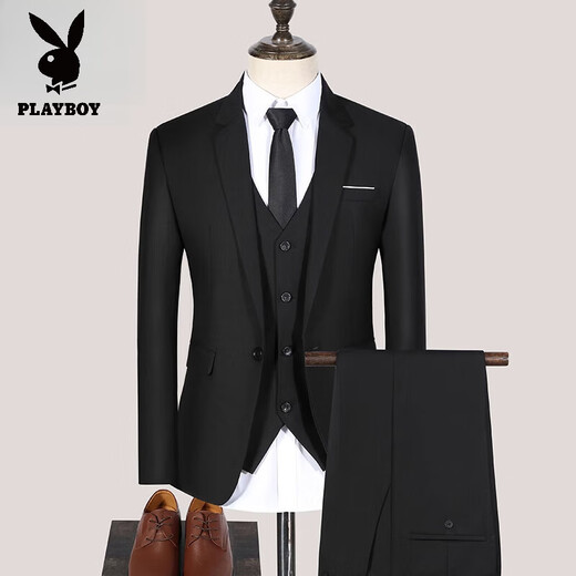 花花公子（PLAYBOY）西装套装男士礼服上衣休闲西服韩版修身商务小西装男外套 二扣藏青色西装+西裤+马甲 三件 S 【80斤左右】
