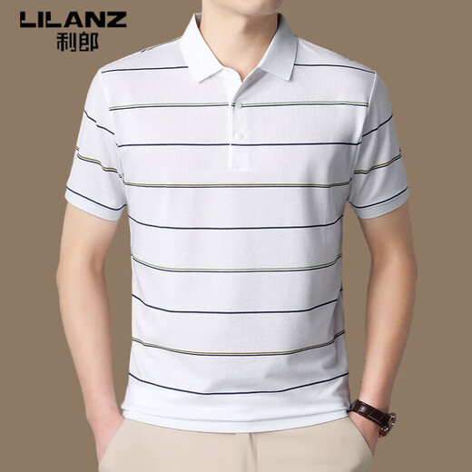 Lilang Light Luxury Mulberry Silkworm. Silk Short-sleeved T-shirt for Men's Summer Business Stripe Middle-aged Casual Lapel Half-sleeved Polo Shirt Blue /723 M 48 Suggested 95-115Jin [Jin equals 0.5 kg]