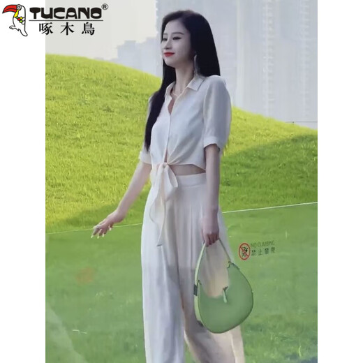 
Woodpecker (TUCANO) high-end internet celebrity fashion suit for women 2025 summer new Korean style lace-up short shirt + wide-leg pants commuting apricot color [set] M [Suggested 105Jin [Jin equals 0.5 kg] below]