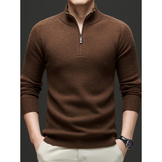 
NOSSKISS pure wool sweater men's Korean style thickened stand collar sweater autumn and winter waffle half-tight sweatshirt Comet brown color L 175 [suitable for 135-150Jin [Jin equals 0.5 kg]]