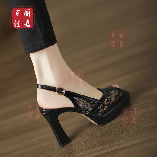 Belle Jiajia Chaussures féminines ~ 10cm Tempérament French High Heel Sandals Lace Mesh Hollow Fish Mouth Chaussures Chaussures de mode à talon épais noir 34