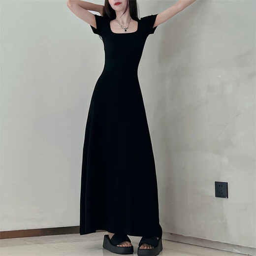 Muni Square Collar Taille Hugging Kleid Französisches Temperament Schwarzes Sommer Ladies Outfit Slim A-Line Long Rock Pendelpendel und ungezwungenes Kleid mit kurzer Ärmeln [Schwarz] Empfohlen 90-120 Jin [Jin ist 0,5 kg]