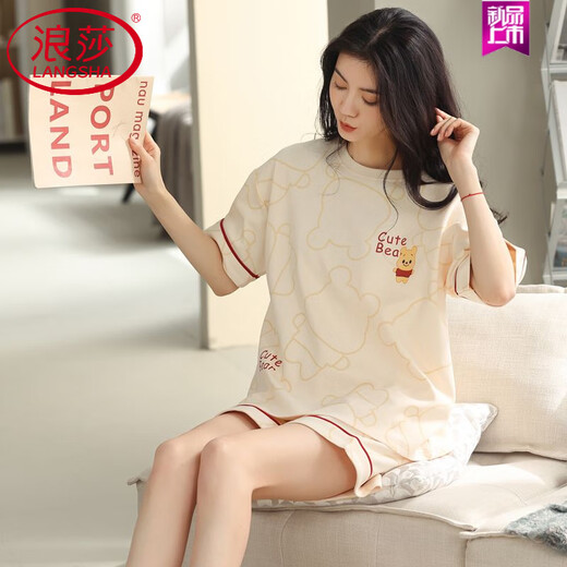 浪莎（LangSha）睡衣女款夏季纯棉短袖短裤可外穿2025年新款全棉家居服套装 9855 品牌纯棉 M 建议80-100斤穿