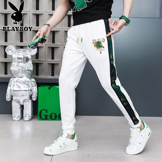 花花公子（PLAYBOY）刺绣休闲裤男夏季薄款潮牌修身冰丝束脚运动长裤男百搭速干小脚卫 9923黑色 29