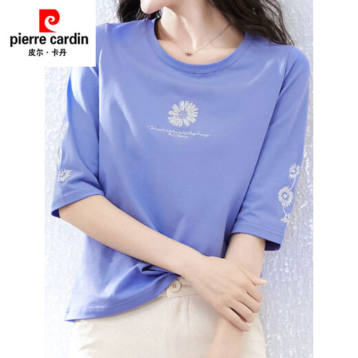 皮尔卡丹（pierre cardin）纯棉白色中袖t恤女2025年夏季新款七分袖宽松短袖体恤春秋上衣服 1XS328白色+W6172冰蓝 M 80-105斤