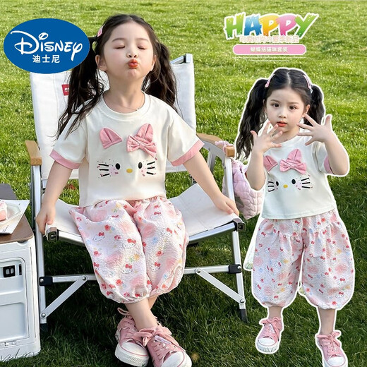 
Disney baby girls short-sleeved suit summer 2025 new fashionable children's KT cat casual pants fashionable baby cartoon two-piece kitten pink suit 120 (upgraded model)