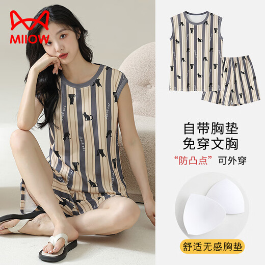 
Catman (MiiOW) vest pajamas with chest pad for women for women in summer pure cotton thin summer sleeveless home clothing set can be worn loose large size for outside. Vest cover with chest pad/suit-F9856 M Women Recommended 80-100Jin [Jin equals 0.5 kg]