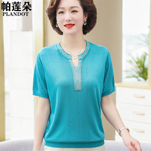 Kuzhang (Kuzhang) 2025 Neues Mutter-Sommer-Strick-T-Shirt im mittleren Alter mittleren Alters mit kurzärztem Anzug mittleren Alters mittleren und älterer Menschen mit großer Größe 9757 Red M empfohlen 80-95jin [Jin entspricht 0,5 kg]