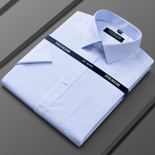 MAYOR雅戈尔纯·棉短袖衬衫男中年2025高端休闲商务职业免烫有口袋白衬 DX6623【细蓝白条纹】 38  【建议100-120斤】