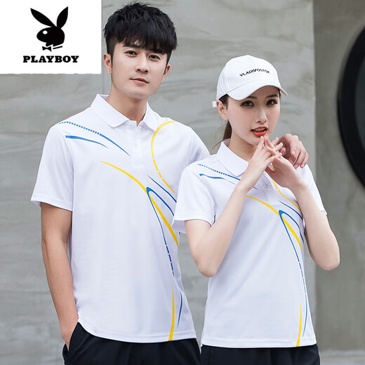 花花公子（PLAYBOY）情侣款运动t恤男女夏季短袖速干衣翻领POLO.衫定制logo工作服上衣 9215白色(单衣) 2XL 女
