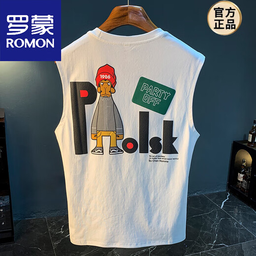 罗蒙（ROMON）2025年夏季男款背心潮流宽松大码坎肩无袖T恤休闲百搭训练老头衫 白色 【JSW9923-A】 2XL 适合141-150斤穿