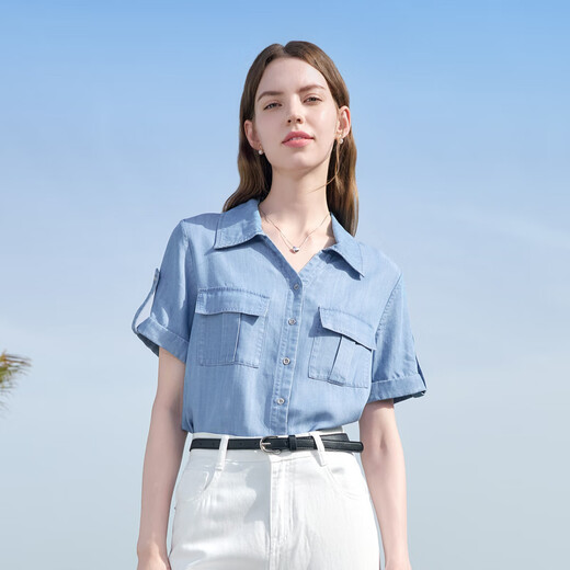 百图betu女装2025夏季新款衬衫莱赛尔莱赛尔凉感牛仔短袖上衣2505X17 牛仔色 M