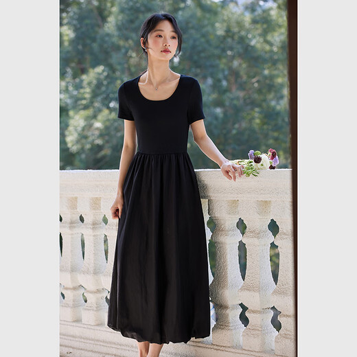Vestiman Slim Vestido de manga corta en verano Nuevo francés Slim Hepburn Style Long Falda N Black L