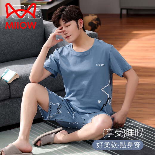 猫人（MiiOW）2025新款睡衣男士夏季薄款纯棉短袖短裤家居服夏天大码套装 9926 L