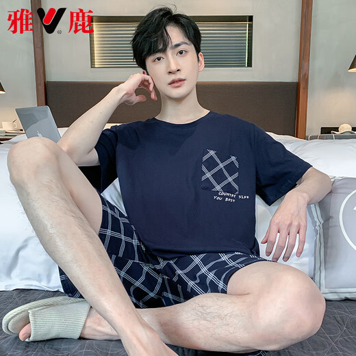 
Yalu high-end pajamas for men in summer pure cotton thin shorts for casual men's extra size cool home clothes 9928 L [100-120Jin[Jin equals 0.5 kg]]
