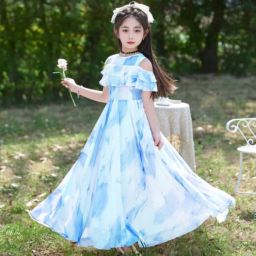 Mädchenkleid Sommer 2025 Neues modisches und dünnes Prinzessin Kleid Mädchen mittelgroßer Kinder Chiffon Long Kleid 101 Blau [Perle Stirnband senden + Schlüsselbeutelkette] 140 [Vorgeschlagen 46-55 Jin [Jin gleich 0,5 kg]]]