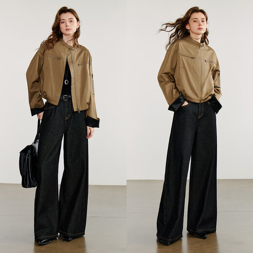 Chuyu jacket for women 2025 autumn new retro Bath style stand collar loose short high street style jacket cafe green L