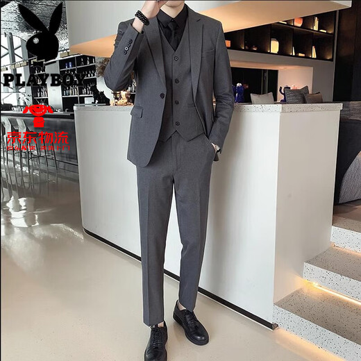 花花公子夏季薄款咖啡色西服套装男新郎结婚礼服三件套修身高级感休闲西装 咖啡色三件套+黑衬衫 M (96-109斤)